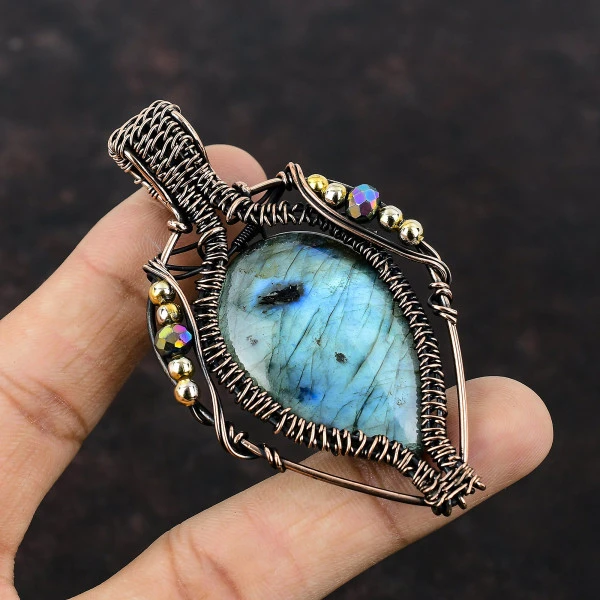 Labradorite Pear Gray Handmade Copper Wire Wrapped Pendant