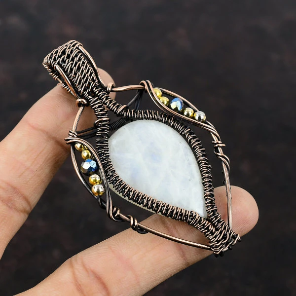 Rainbow Moonstone Pear White Handmade Copper Wire Wrapped Pendant
