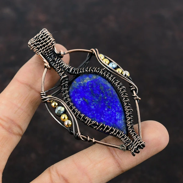Lapis Lazuli Pear Blue Handmade Copper Wire Wrapped Pendant