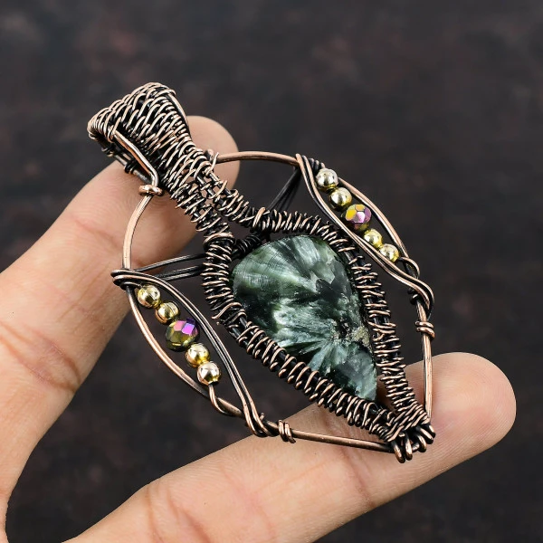 Seraphinite Pear Green Handmade Copper Wire Wrapped Pendant