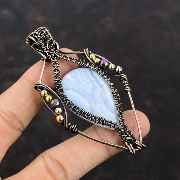 Blue Lace Agate Pear Blue Handmade Copper Wire Wrapped Pendant