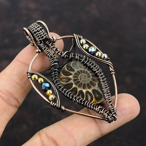 Ammonite Fossil Pear Brown Handmade Copper Wire Wrapped Pendant