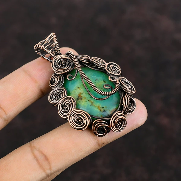 Chrysoprase Oval Green Handmade Copper Wire Wrapped Pendant