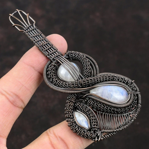 Rainbow Moonstone Pear White Handmade Copper Wire Wrapped Pendant