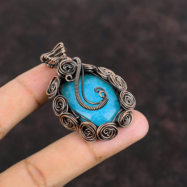 Smithsonite Oval Blue Handmade Copper Wire Wrapped Pendant