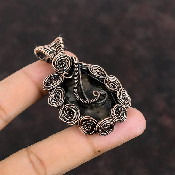 Chiastolite Oval Black Handmade Copper Wire Wrapped Pendant