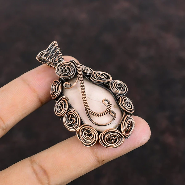 Pink Opal Oval Pink Handmade Copper Wire Wrapped Pendant