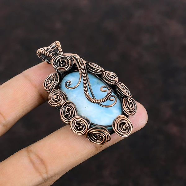 Larimar Oval Blue Handmade Copper Wire Wrapped Pendant