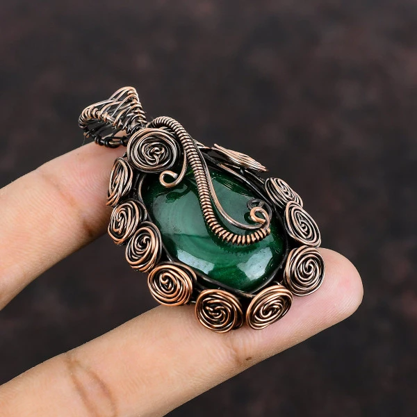 Malachite Oval Green Handmade Copper Wire Wrapped Pendant