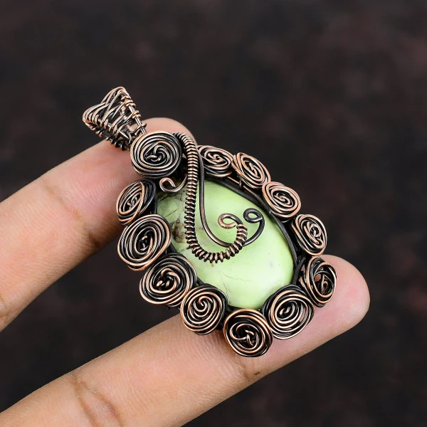 Lemon Chrysoprase Oval Green Handmade Copper Wire Wrapped Pendant