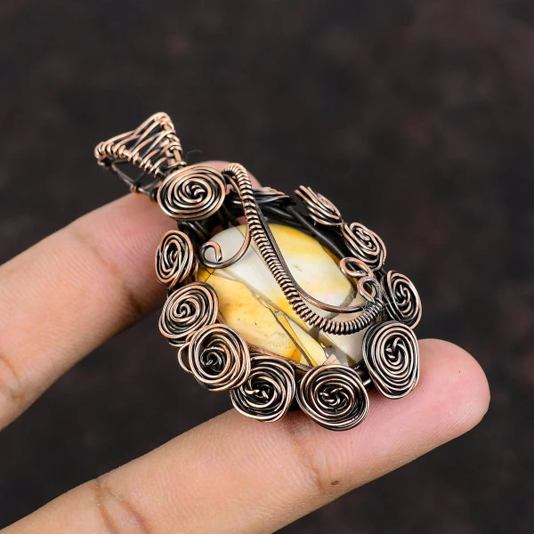 Brecciated Mookaite Oval Yellow Handmade Copper Wire Wrapped Pendant