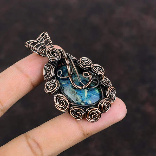 Shattuckite Oval Green Handmade Copper Wire Wrapped Pendant