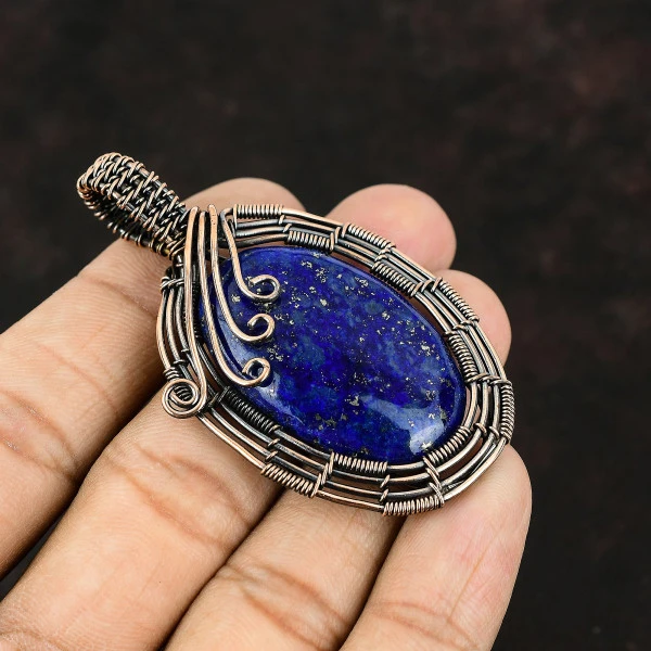 Lapis Lazuli Oval Blue Handmade Copper Wire Wrapped Pendant