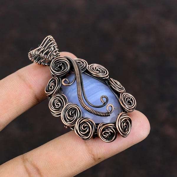 Blue Lace Agate Oval Blue Handmade Copper Wire Wrapped Pendant