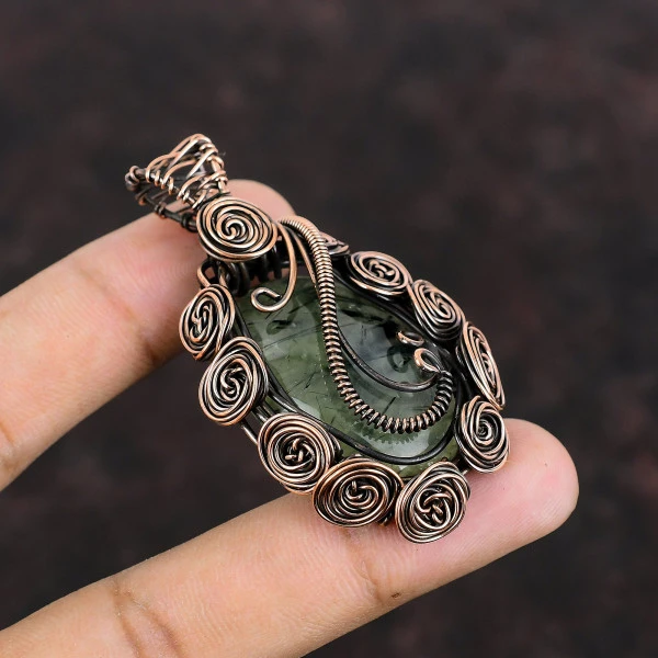 Moss Prehnite Oval Green Handmade Copper Wire Wrapped Pendant