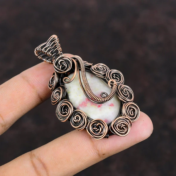 Cinnabar Oval White Handmade Copper Wire Wrapped Pendant