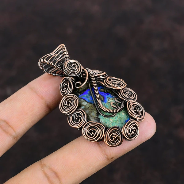 Azurite Malachite Oval Blue Handmade Copper Wire Wrapped Pendant