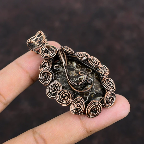 Turritella Agate Oval Black Handmade Copper Wire Wrapped Pendant