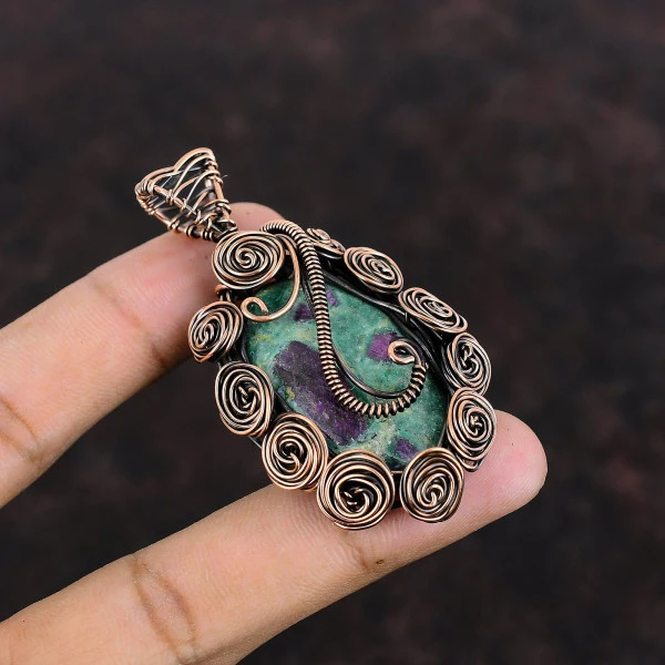 Ruby Fuchsite Oval Green Handmade Copper Wire Wrapped Pendant