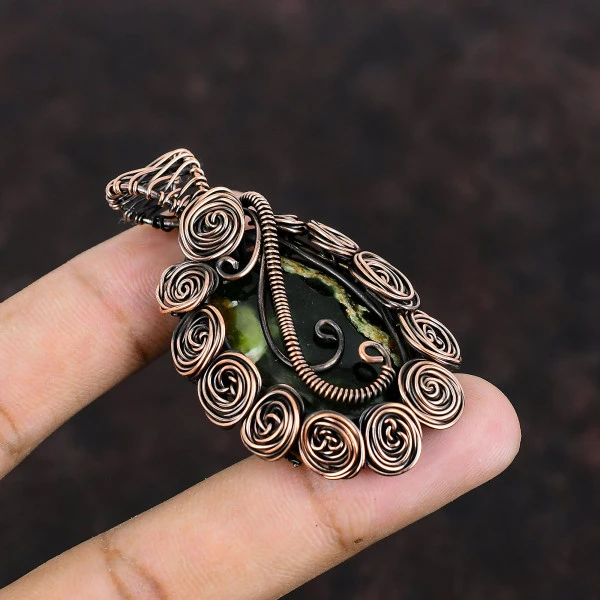 Australian Chrome Chalcedony Oval Green Handmade Copper Wire Wrapped Pendant