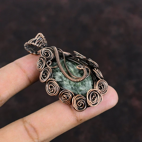 Seraphinite Oval Green Handmade Copper Wire Wrapped Pendant