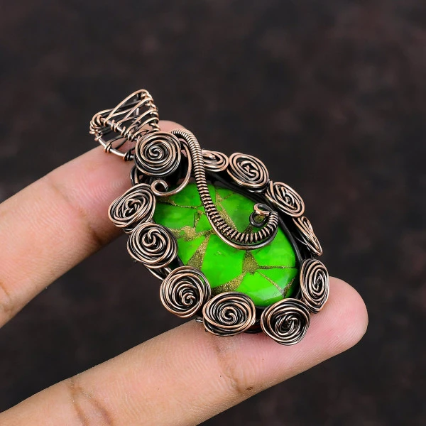 Copper Green Turquoise Oval Green Handmade Copper Wire Wrapped Pendant