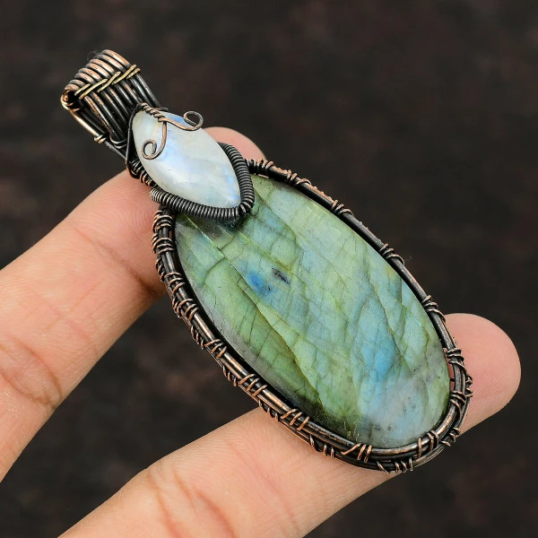 Labradorite Oval Gray Handmade Copper Wire Wrapped Pendant