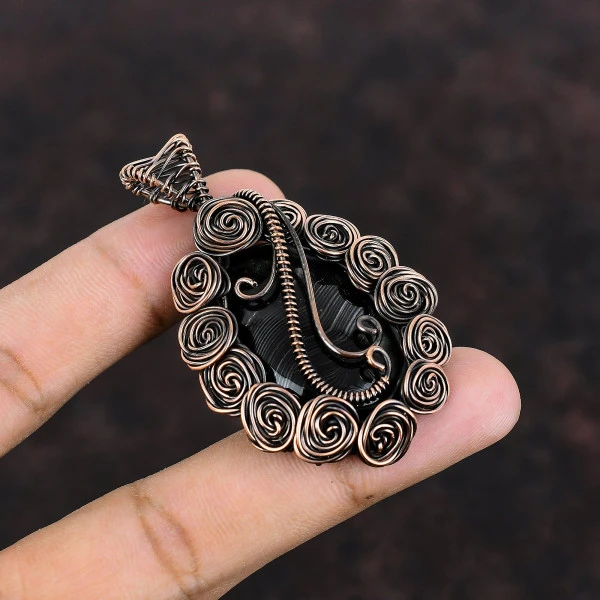 Psilomelane Oval Black Handmade Copper Wire Wrapped Pendant