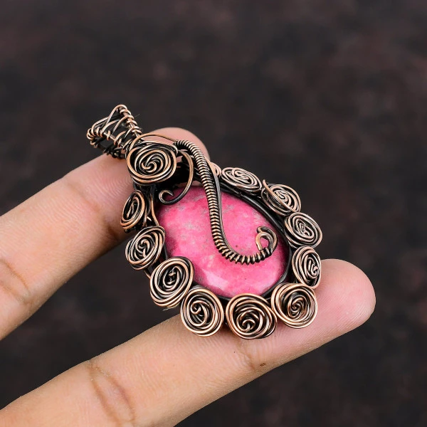 Thulite Oval Pink Handmade Copper Wire Wrapped Pendant