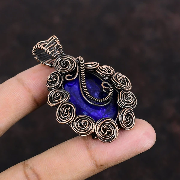 Blue Sapphire Oval Blue Handmade Copper Wire Wrapped Pendant
