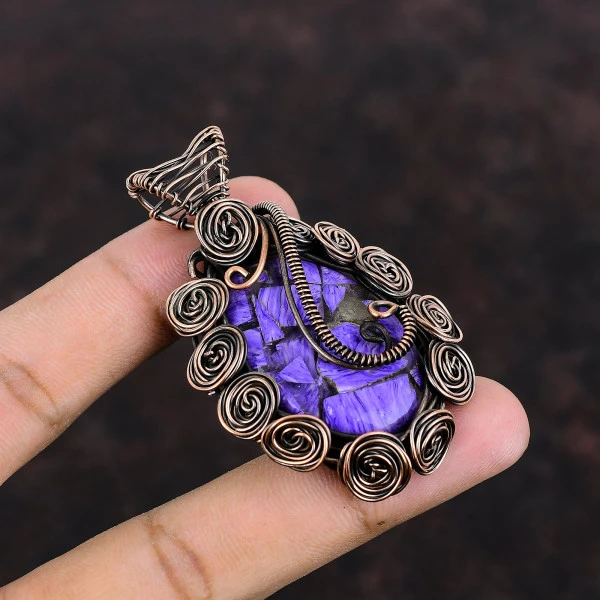 Copper Charoite Oval Purple Handmade Copper Wire Wrapped Pendant