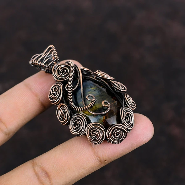 Pietersite Oval Black Handmade Copper Wire Wrapped Pendant