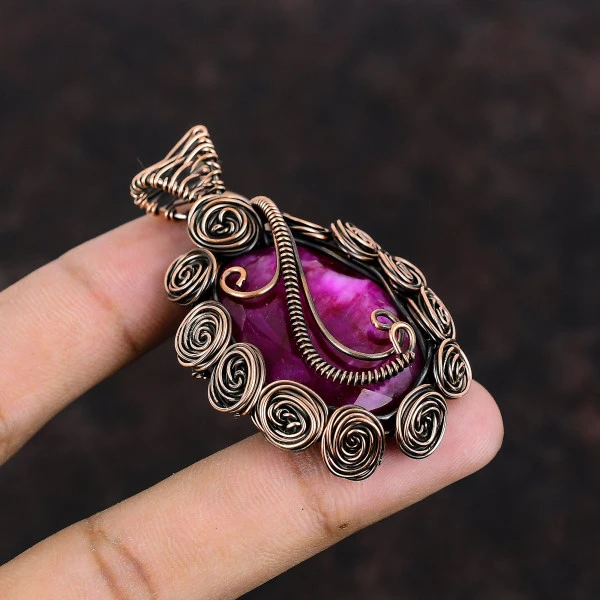 Kashmir Ruby Oval Red Handmade Copper Wire Wrapped Pendant
