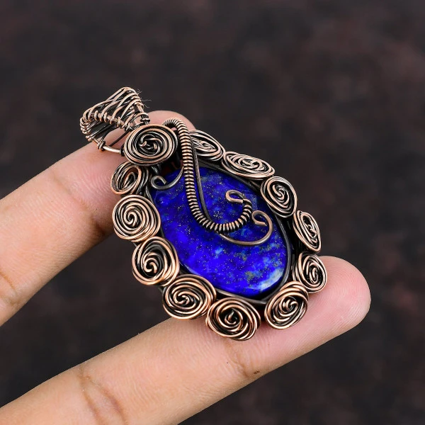Lapis Lazuli Oval Blue Handmade Copper Wire Wrapped Pendant
