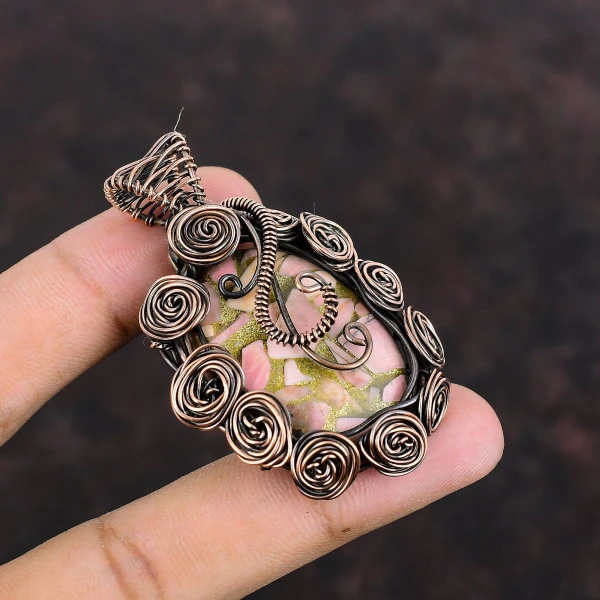 Copper Pink Opal Oval Pink Handmade Copper Wire Wrapped Pendant