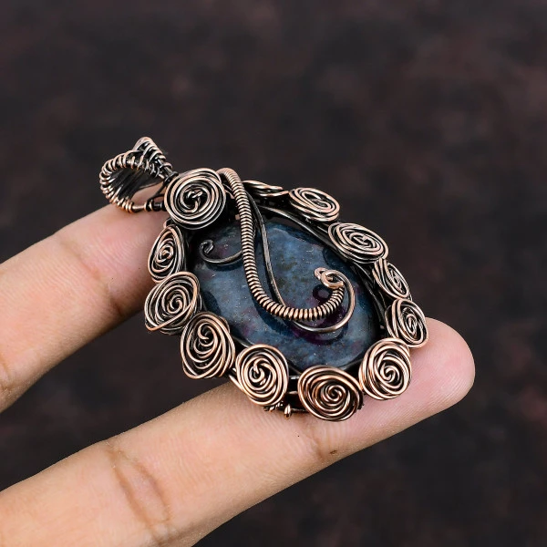 Ruby In Blue Kyanite Oval Blue Handmade Copper Wire Wrapped Pendant