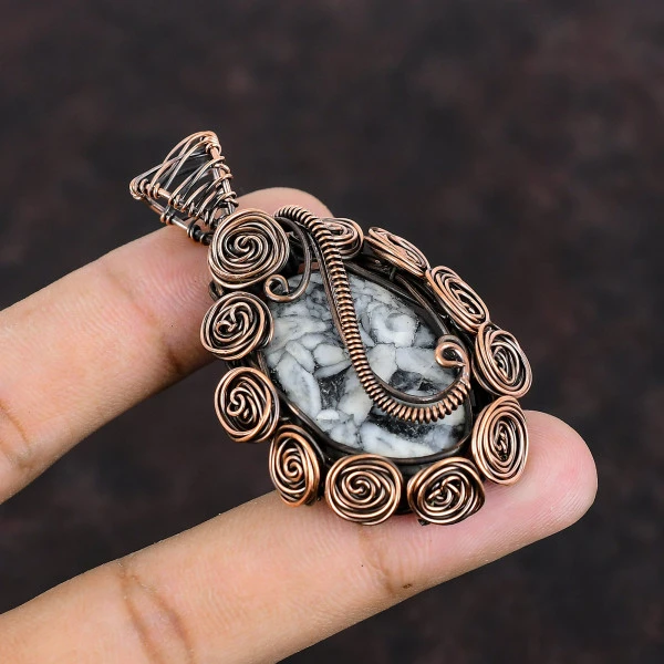Pinolith Jasper Oval Gray Handmade Copper Wire Wrapped Pendant