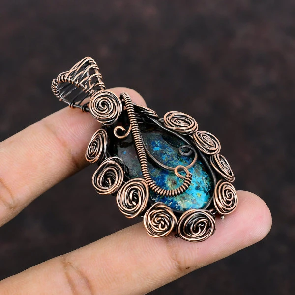 Azurite Malachite Oval Blue Handmade Copper Wire Wrapped Pendant