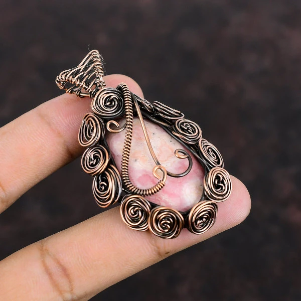 Rhodochrosite Oval Pink Handmade Copper Wire Wrapped Pendant