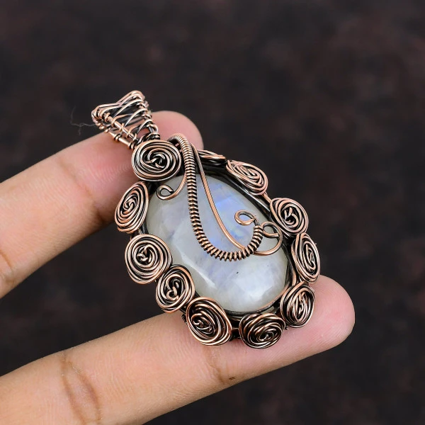 Rainbow Moonstone Oval White Handmade Copper Wire Wrapped Pendant