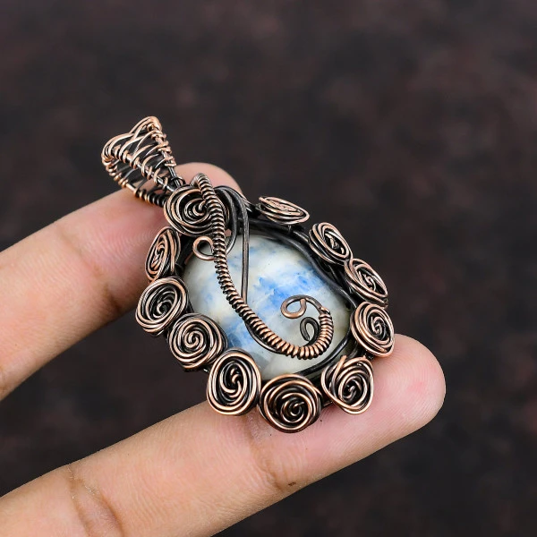 Blue Scheelite Oval Blue Handmade Copper Wire Wrapped Pendant