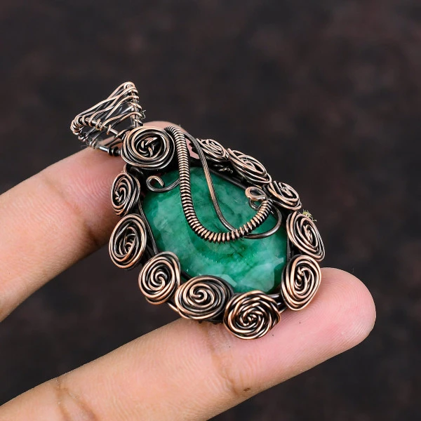 Zambian Emerald Oval Green Handmade Copper Wire Wrapped Pendant