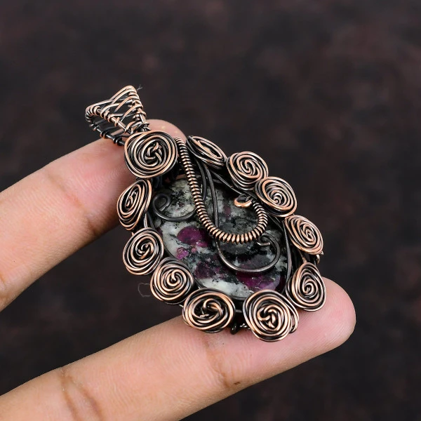 Eudialyte Oval Pink Handmade Copper Wire Wrapped Pendant