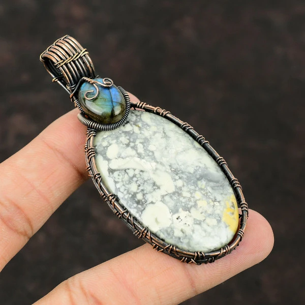 Maligano Jasper Oval Gray Handmade Copper Wire Wrapped Pendant