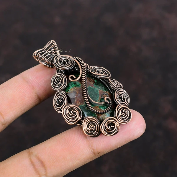 Cuprite Chrysocolla Oval Green Handmade Copper Wire Wrapped Pendant