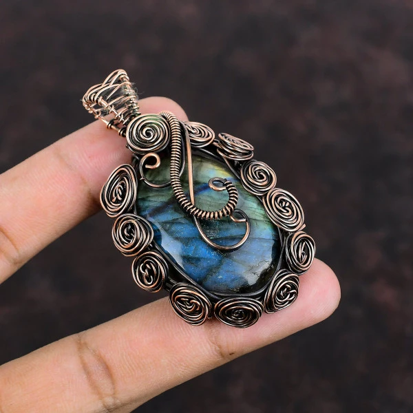 Labradorite Oval Gray Handmade Copper Wire Wrapped Pendant