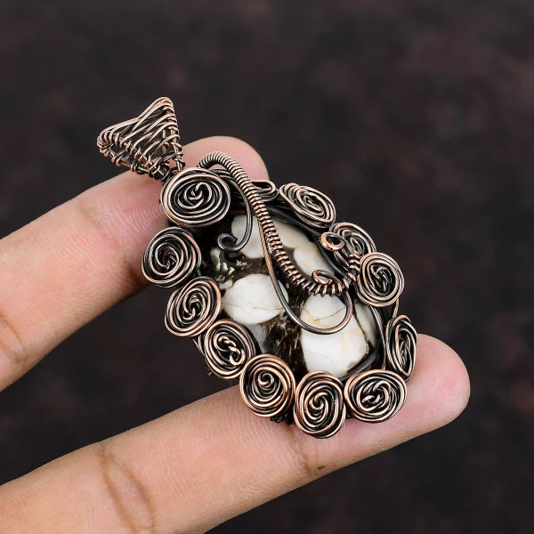 Peanut Wood Jasper Oval White Handmade Copper Wire Wrapped Pendant