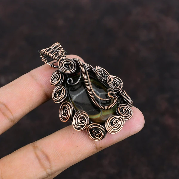 Moroccan Mud Crack Fossil Oval Black Handmade Copper Wire Wrapped Pendant