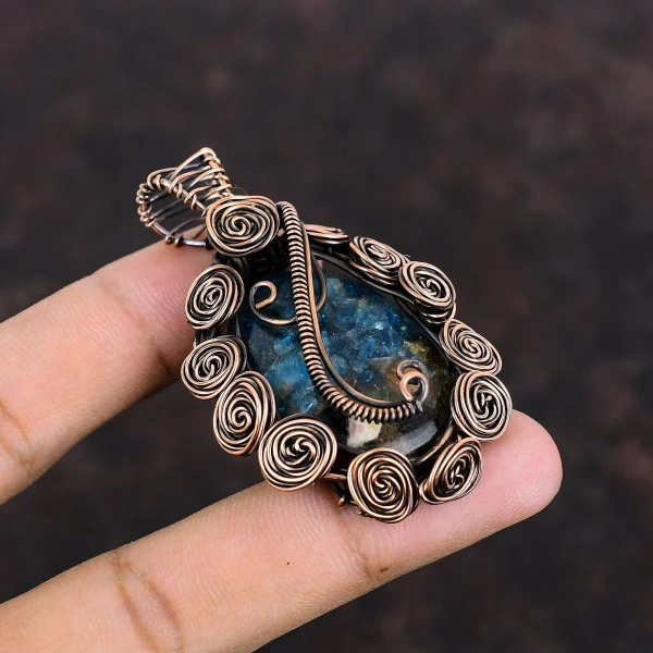 Copper Watermelon Tourmaline Oval Blue Handmade Copper Wire Wrapped Pendant