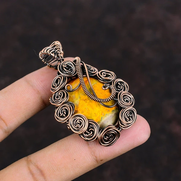 Bumble Bee Jasper Oval Yellow Handmade Copper Wire Wrapped Pendant